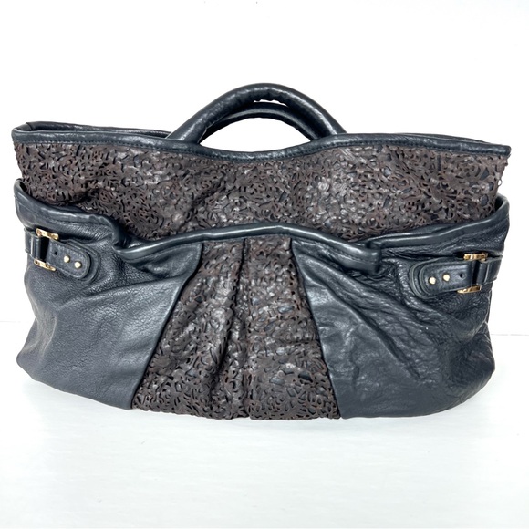 CC SKYE USA Black w Brown Cutout Laser Cut Leather Oversized Shoulder Bag Tote - Picture 6 of 14